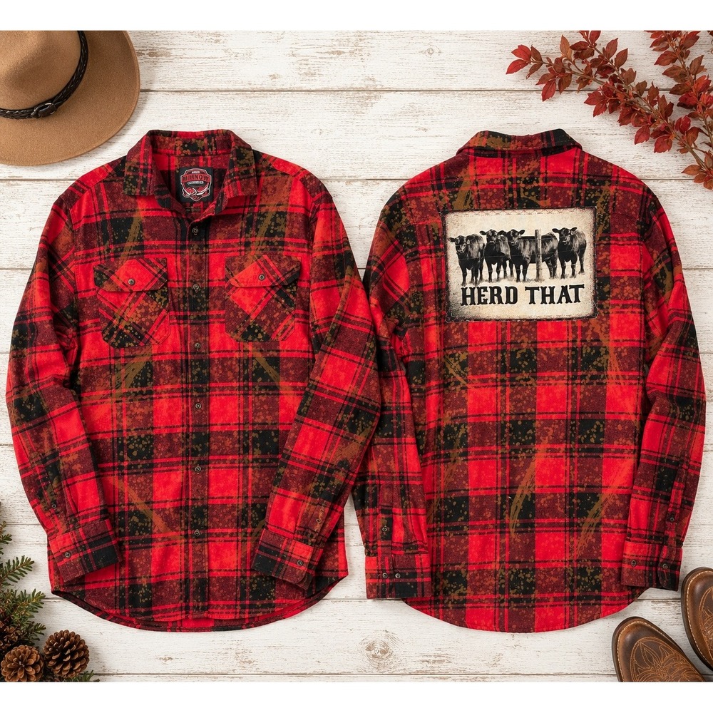 Angry Minnow XL Red Plaid Flannel Shirt Herd That Cattle Western Ranch Grunge